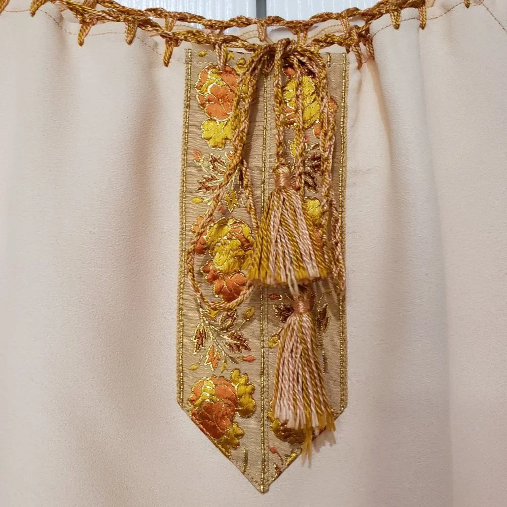 Vintage 1970s Peasant Shirt Gold Trim, Tassel Drawstrings, Small - Picture 3 of 8
